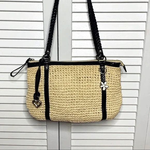 Brighton Summer Straw Shoulder Bag Black Leather Trim - Picture 2 of 11